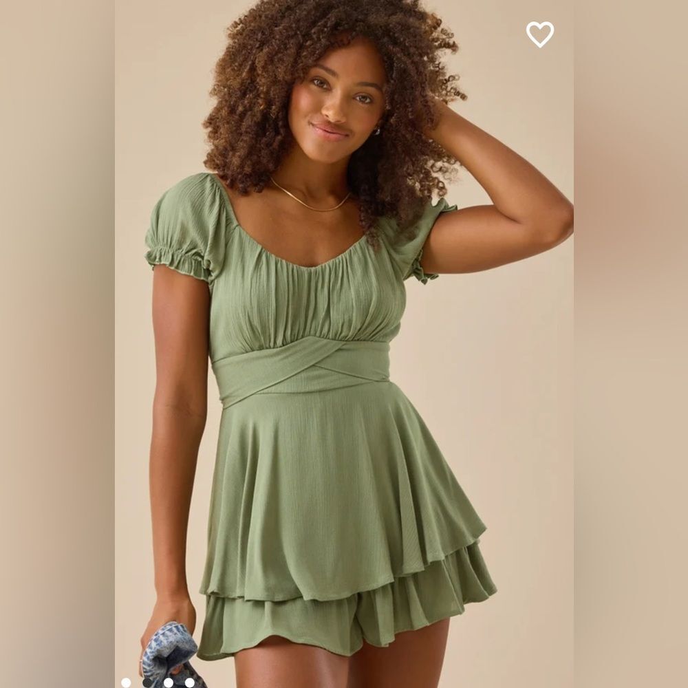 Altar’d State Haisley Layered Crossover Romper Sage Green Swiss Dot XL